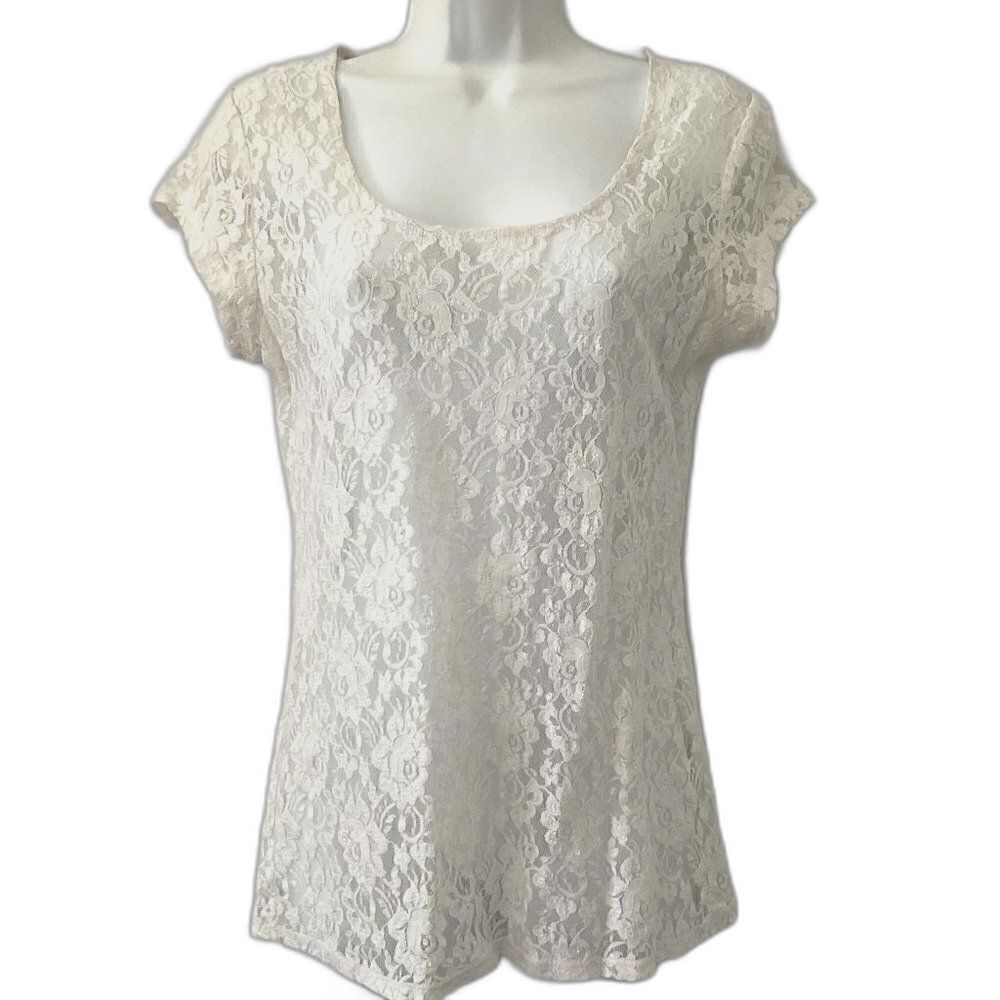 Charlotte Russe Y2K White Short Sleeve Lace Blouse - Size Large
